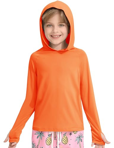 Hotfiary Camiseta de natación de manga larga con capucha para niños, UPF 50+, con bolsillo para el pulgar, para pesca, surf, playa