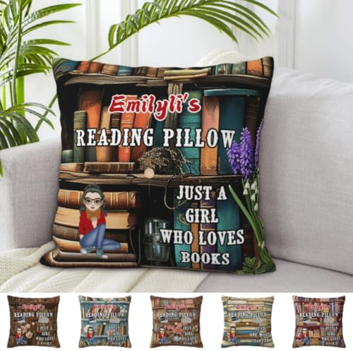 Custom Just A Girl Who Loves Books Reading Pillow Case for Sofa Bed Couch Chair or Dorm Personalized Name Portraits Pockets Pillow Square Cushion Cover Book Lovers Gifts for Women Reader Book Lover