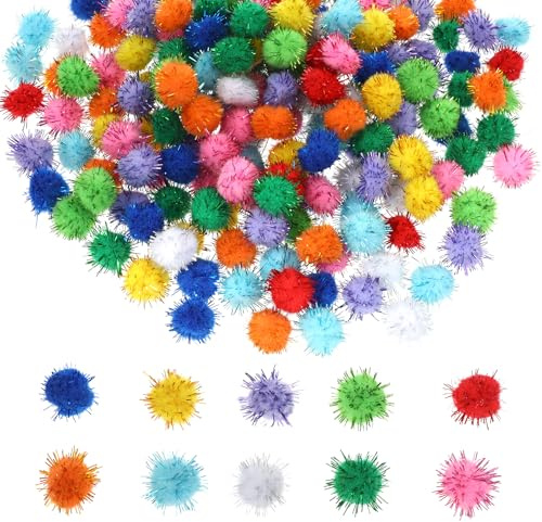 200 PCS Pom Poms Craft, Cat Pompom Balls, Glitter Balls Cat Fuzzy Toys Ball, Fluffy Craft Pompoms, Multicolor Soft Pompoms for Art Crafts, DIY Decorations, 0.59 Inch