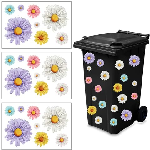 YEVON Daisy Bin Stickers - 3 Sheets Waterproof, Fade-Resistant, Multi-Use Flower Decals for Wheelie Bins, Fridge, Wall & Outdoor Decoration