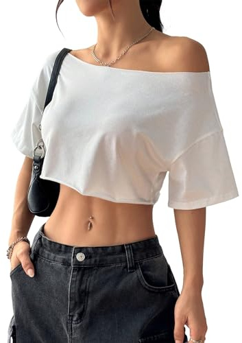 Koolenry Women's Y2k Off Shoulder Crop Tops Short Sleeve Oversized Tee Shirts White S