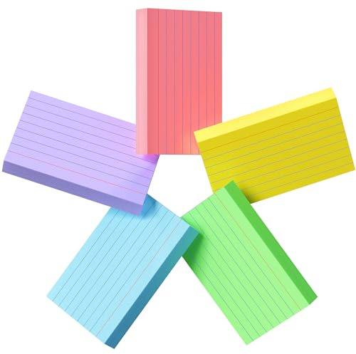 250 Count Colored Index Cards 3x5, 180gsm Heavy Weight Flash Cards, Ruled Index Cards, 5 Color (50 Sheets Each), Portable Note Taking for Students, Teachers, Study Note Cards for Office Home School