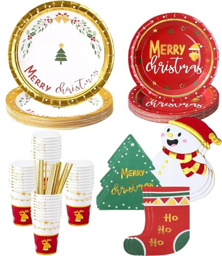 LATERN 127 Piezas Vajilla de Papel para Fiesta Navideña, 25 x 23CM Platos de Llanos, 25 x 19CM Platos de Ensalada, 25 x Vasos, 27 x Servilletas, 25 x Pajitas de Papel - para Navideña Fiesta Decoración