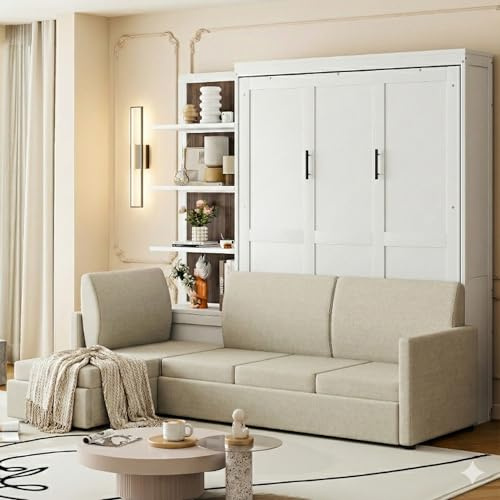 Harper & Bright Designs Queen Size Murphy Bed, Wood Queen Wall Bed with Sofa and Shelves, White