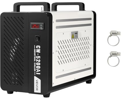 VEVOR Refrigeratore d'Acqua Industriale per Macchina per Incisione Laser CW-5200AI, Sistema di Raffreddamento ad Acqua con Compressore per Taglio Laser da 650 W, Capacità 7 L, Portata Max 16 L/min