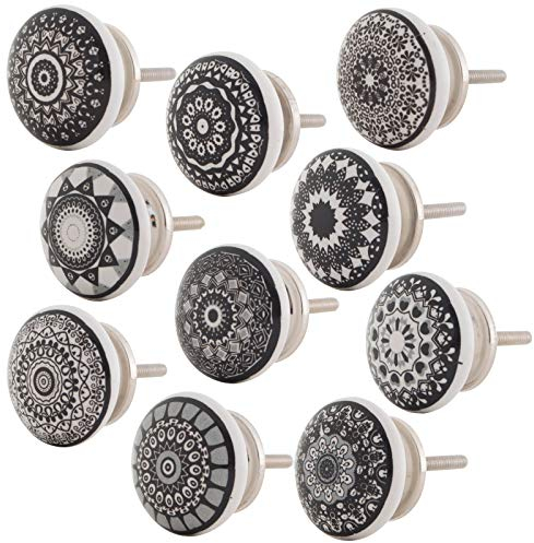 Knober Set 10 Stück Möbelknöpf Keramik Mandala Energy Shabby-Chic Schrankknöpfe Türgriff (6. Schwarz-Weiß Set 10 Stück)