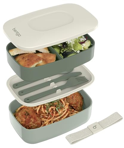 Bentgo Classic - Adult Bento Box, Stackable 3-Compartment Lunch Box with Removable Utensil Set and Sealing Strap, BPA-Free, Food Container Ideal for Meal Prep, Work, and On the Go (Khaki Green)
