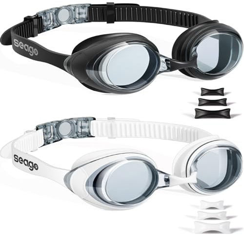 Seago Swimming Goggles 2 Pack Anti Fog Goggles Swimming UV Protection Fit for Adult Men Women Youth Junior, No Leaking Soft Silicone Seal Flat Lens Clear Vision, 3 Sizes of Nose Bridge