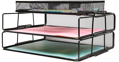 EXERZ Stackable Letter Trays 2 Pack with Memo Holder Desk Organiser Black | Two Tier A4 File Storage With Divided Accessory Sections For Notes Pens Clips And Everyday Desk Essentials