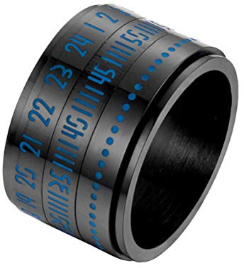 OAKKY Men's Stainless Steel Luminous Glow Lucky Dice Arabic Blue Numbers Spinner Rings Rotatable Calendar Clock Biker Band Black Size 8