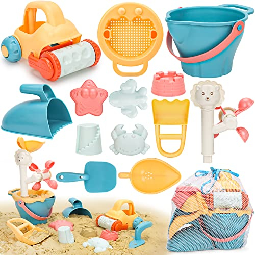 Sanlebi Sandspielzeug Set, Kinder Sandkasten Spielzeug mit Eimer, Sandformen, Netzbeutel Strand Outdoor Spiele für Jungen Mädchen