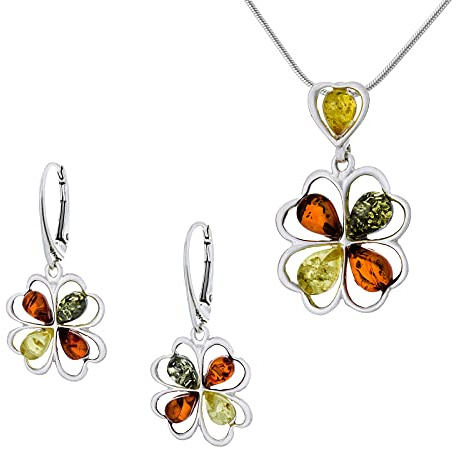 AMBEDORA Set da donna Juliette in argento 925, ambra baltica colorata, ciondolo e orecchini con catena a serpente, set regalo
