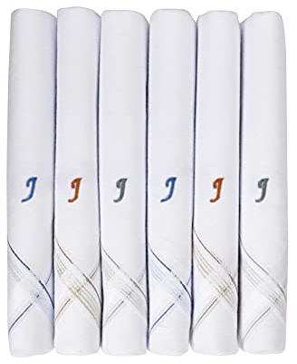 Caruso Italy Men's Initial Monogram J Embroidery 100% Pure Cotton Handkerchief White Base With Colored Border - Pack Of 6