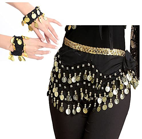 JUMRHFAN Bauchtanz-Hüfttuch mit Armbändern, Bauchtanz-Gürtel mit 180 Goldmünzen für Frauen (Schwarz)
