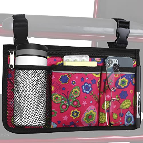 HSGEZUOQI Wheelchair Side Bag, Upgrade Flower Color Armrest Storage Pouch with Cup Holder and Reflective Strip Use of Waterproof Fabric, for Most Wheelchairs, Walkers or Rollators (Red Butterfly)