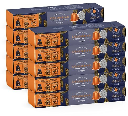 by Amazon - Café colombien compatible Nespresso, Torréfaction Moyenne, 100 capsules en aluminium, 10 unités, lot de 10 - Certifié Rainforest Alliance