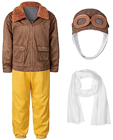Pilot Aviator Costume Kids Coat Pants Hat Scarf Girl Boy Party Cosplay 6-8 Years Brown