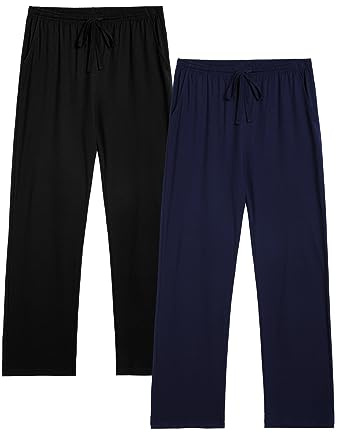 Winovia Lot de 2 Pantalons de Pyjama pour Homme - Long et léger - en Coton - Pantalon de détente - avec Taille élastique et Coupe Droite, Noir et Bleu foncé., M