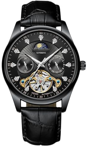 RORIOS Herr automatisk Tourbillon klocka diamant skelettklocka vattentät självuppdragande armbandsur lysande månfas klocka läderrem, Svartvit a, L