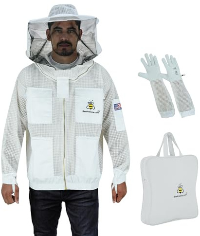 BeeProGear 3-layer Ultra Mesh Beekeeping Jacket for Beekeepers |Round Veil Bee Jacket for uni-sex with Sting-Proof Leather gloves and bag (White, Large)
