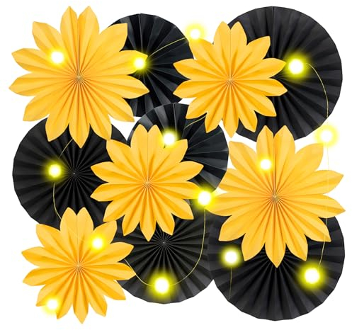 SUNBEAUTY 11 Stück Sonnenblume Dekoration Papier Fächer mit LED-Lichterkette Hängend Sunflower Deko Gelb Schwarz Party Geburtstagsdeko für Abschluss Hochzeit Thanksgiving Herbstdekoration