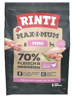 RINTI – Max-i-Mum Mini | Torrfoder för små, vuxna hundar med 70% kött och inälvor. Spannmålsfri helfoder med balanserat protein-/fettförhållande | 7 x 1 kg kyckling