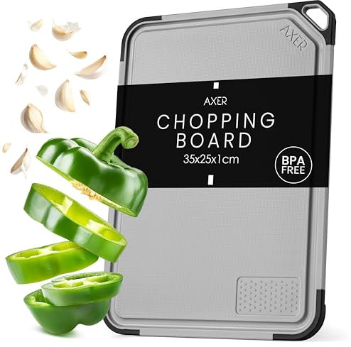 Axer Tagliere da Cucina Plastica Senza BPA - Misura Universale 35x25 cm Tagliere Cucina Lavabile in Lavastoviglie con Scanalatura per il Succo Piedini Manico e Grattugia - Cutting Board Grigio Chiaro