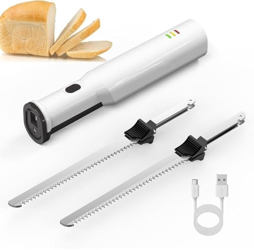TsoLay Cuchillo Eléctrico para Trinchar, Cuchillo para Pan Recargable con 2 Hojas De Acero Inoxidable, Arranque Rápido De 1 Segundo, Velocidad Sin Carga De 3000 SPM para Carnes, Aves Y Pan