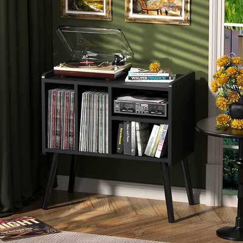 UODERS Tocadiscos de mediados de siglo con almacenamiento de vinilo para hasta más de 150 álbumes, armario de vinilo con estantes ajustables, color negro