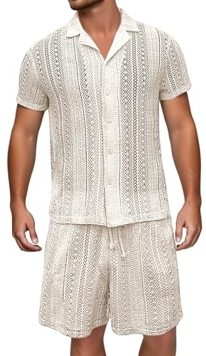 Duohropke Tenue pour homme - Chemise en maille transparente - Short - T-shirt boutonné - Pantalon court - 2 pièces - Survêtement transparent - Vêtements aérés