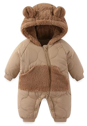 JiAmy Baby Snowsuit Winter Romper Hooded Boys Girls Jumpsuit Bear Thick Windproof Cap Infant Winter Clothes 9-12 Months Brown