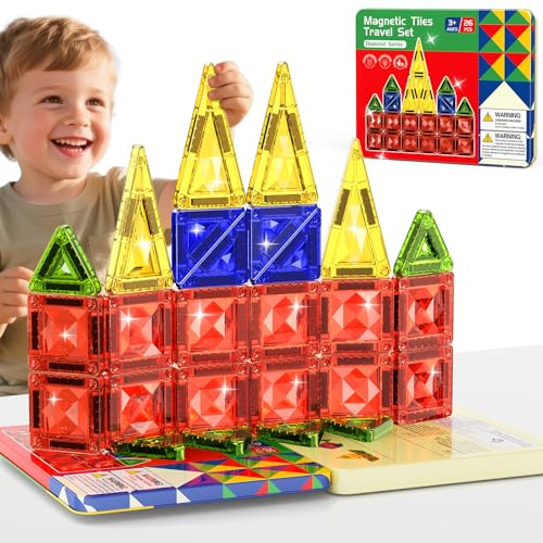 Construction Magnetique Enfant, Blocs Magnétiques de Voyage 26 pièces avec Boîte en Fer Protable, Mini Magnetic Tiles 3D Diamant Construction Jouets Educatif Jeux Cadeaux pour Garçons Filles 3+ Ans