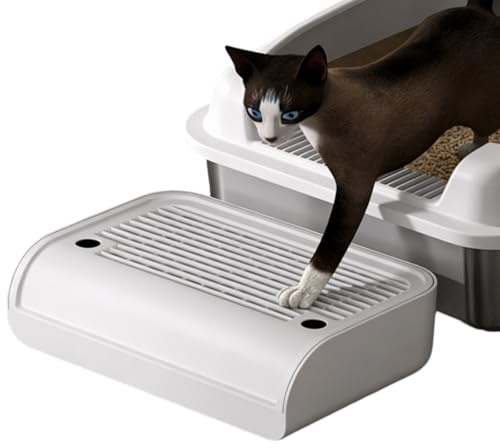 Bqkroa Rampa Para Arena Para Gatos 30 X 20,7 X 9 Cm, Antirastro Con Sistema De Filtro, Alta Protección, Entrada De Caja De Arena, Peldaños Antideslizantes, Plástico ABS, Gris Claro