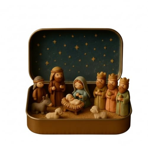 Mini crèche de Noël 3D dans une boîte en étain, figurines portables en résine, crèche de Noël 3D, décorations de Noël pour la maison, le bureau, la chambre, le bureau, cadeau pour célébrations