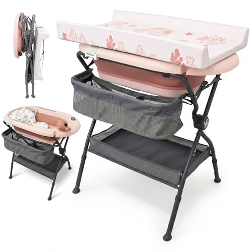 Twinly Bubbly – Bañera Cambiador Plegable para Bebé 2 en 1 – Altura Regulable Ergonómica, Bañera Extraíble para Playa y Viajes, Soporte Estable con Desagüe, Ideal para Baños Pequeños (Rosa)