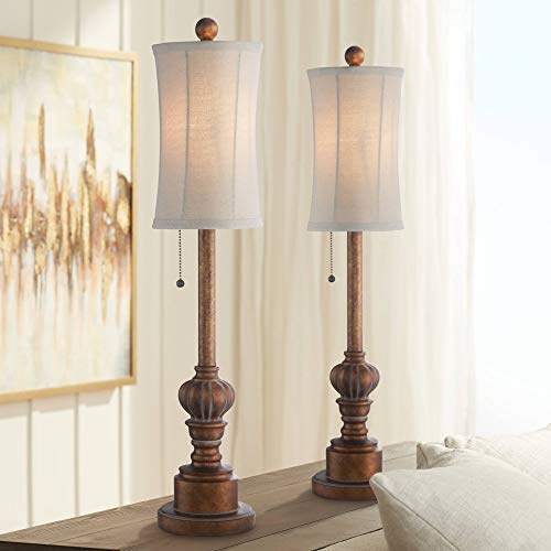Regency Hill Bertie Traditional Natural Cottage Core Buffet Table Lamps 28 Tall Skinny Set of 2 Warm Brown Wood Tone Fabric Drum Shade Decor for Living Room Bedroom House Bedside Nightstand Home