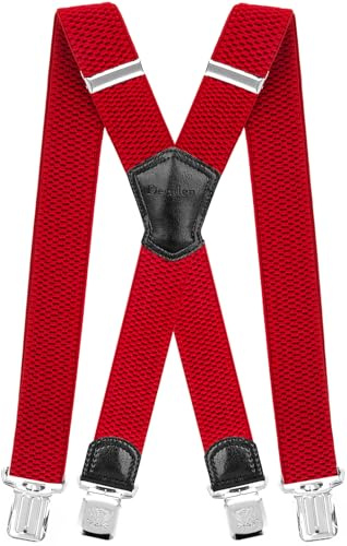 Decalen Mens Braces with Very Strong Metal Clips Wide 4 cm 1.5 inch Heavy Duty Suspenders One Size Fits All Men and Women Adjustable and Elastic X Form (Red)