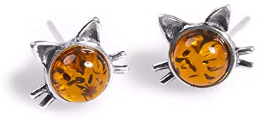 HENRYKA 925 Sterling Silver and Natural Gemstone Cute Cat Face Stud Earrings | Hypoallergenic Women's Jewellery | Animal Pet Kitten Gifts