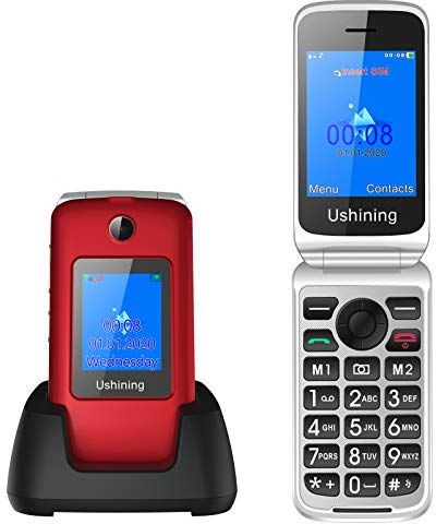 Klapphandy ohne Vertrag, Ukuu 3G Seniorenhandy mit Großen Tasten 2,8+1,8 Dual Display 1200mAh Akku Lange Standby-Zeit Mobiltelefon mit Ladestation FM Radio für Senioren - Rot