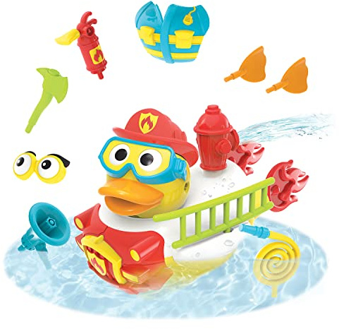 Yookidoo - Badeente Feuerwehrmann – Badespielzeug für Kinder – Ente aus Kunststoff für Bad und Pool – bewegt Sich während eines Wasserstrahls – Tiere aus Kunststoff