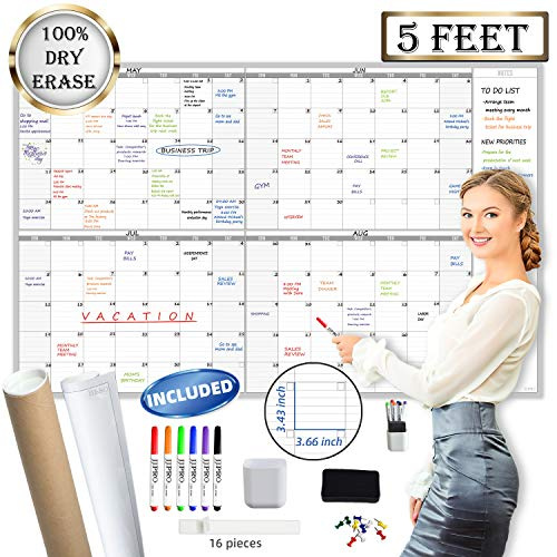 Large Dry Erase Wall Calendar 60 x 38 - Premium New Laminate - Blank Undated, Reusable & Erasable 4 Month Planner -Classroom, Office, Project & Family Schedule