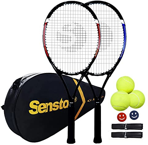 Senston Tennisschläger für Erwachsene 68,6 cm Tennisschläger – 2 Spieler Tennisschläger Set mit 3 Bällen, 2 Griffen, 2 Vibrationsdämpfern