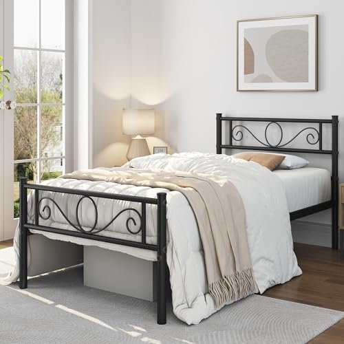 Yaheetech Lit Simple 90 x 190 cm en métal pour Adultes Grande Espace en Lattes Noir Moderne