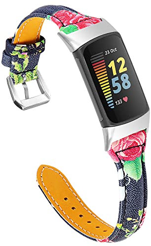 Chofit Bracelets compatibles avec Fitbit Charge 5, bracelet de rechange fin en cuir avec imprimé floral pour traqueur d'activité Charge 5 (A)