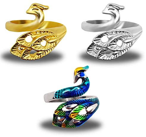 BLMHTWO 3 Pieces Crochet Yarn Guide Ring Adjustable Yarn Ring for Crocheting Peacock Shape Knitting Loop Open Finger Ring for Mother Grandma Thanksgiving Presents Finger Yarn Guide Crochet Accessories