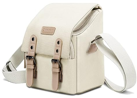 Cwatcun Compact Camera Bag Case Canvas Leather Trim Compatible for Nikon, Canon, Sony Mirrorless Camera and Lenses Water Resistant, Camera Shoulder Messenger Bag Beige