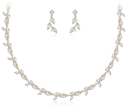 Clearine Juegos de Joyas de Mujer Circonio Cúbico Flor Hoja Collar y Pendientes Conjunto para Mujeres, Boda Joyería de Novia Set, Bisutería,Color Claro 14K-Oro-Tono