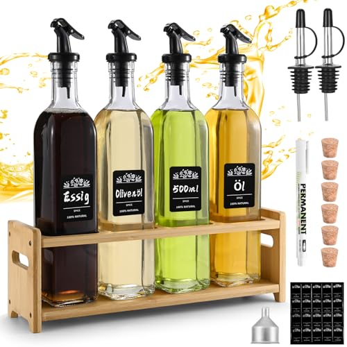 FNLLC Bouteille d'huile avec support en bois 500ml,4 bouteilles en verre,distributeur d'huile d'olive avec entonnoir,setde bouteilles de vinaigre et d'huile,avec étiquette, bouchon en liège