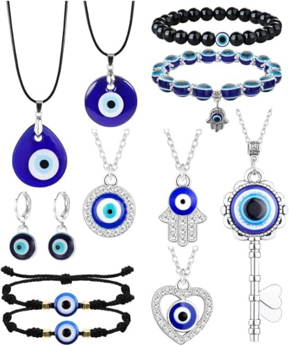 TOEECY 5 Piezas Conjunto Joyas Ojo Turco Hamsa Amuleto Collar Multicapa Pendientes Pulsera Cristal Brillante Acero Inoxidable