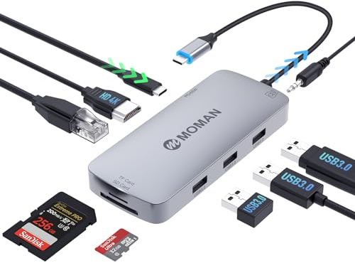 Moman Hub USB C, Docking Station 9 in 1 con 100W PD, 4K@30Hz HDMI, 3 x USB 3.0 5Gbps, Connettore da 3,5 mm, RJ45 Ethernet, Lettore di Schede SD/TF per Mouse, Tastiera, U Disk, Unità Flash, Cellulare